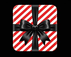 Obraz premium Square shaped present wrapped in diagonally striped paper with a large black ribbon and bow is centered against a dark background