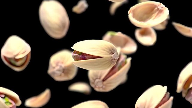 Pistachios with Open Shells Falling Against a Black Background