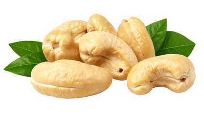 A close-up showcases golden, curved nuts with a smooth texture, nestled among vibrant green leaves, against a black backdrop