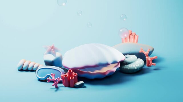 Underwater 3d animation of pearl shell with swimming bubbles and coral reefs on blue background