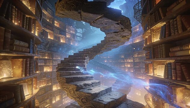 Mystical library spiral staircase with ancient books and magical glowing particles library, stone stairs.