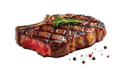 A cooked, bone-in steak, medium-rare, with grill marks and rosemary garnish. Scattered peppercorns add color to the presentation. The background is pure black