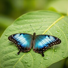 Naklejka premium Blue Morpho Butterfly Resting on a Vibrant Green Leaf.