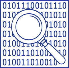 Magnifying glass examines binary code in modern tech concept