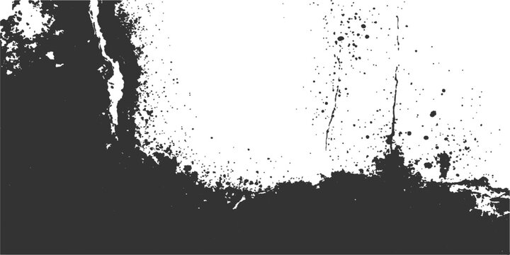 Abstract grunge vector background featuring black ink splashes and paint splatters on a dirty paper texture with a decorative floral silhouette border frame design