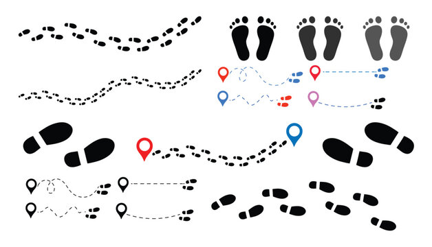 Trace Icons Set linear icon set: dotted line, footprint, magnifying lens, path arrow, faint trail, subtle swirl, marker dot, flowing curve