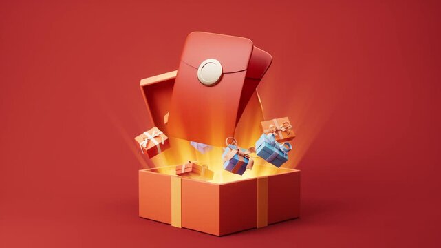 Opening gift box with glowing light on red background, surprise red envelopes and gift boxes flying out, dynamic motion graphic
