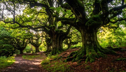 Fototapeta premium Ancient, gnarled trees with moss-covered branches line a path, bathed in dappled sunlight creating a mystical, enchanted feel