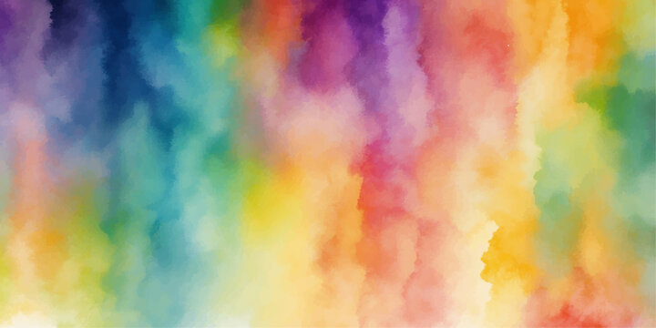 Vibrant abstract watercolor painting on canvas texture featuring a bright rainbow of fire orange and yellow paint splashes for an artistic vintage grunge backdrop illustration