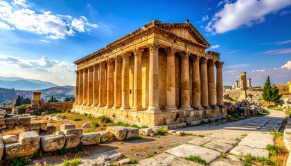 Ancient temple ruin with tall columns under a sunny sky; fragmented stones lay scattered around on cracked stone surface