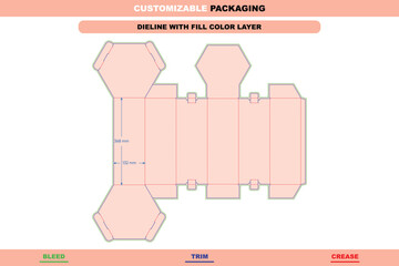 Custom dimensions polygonal boxes hexagonal dieline, six-sided gift box template, folding carton layout, and printable box dieline for specialty packaging