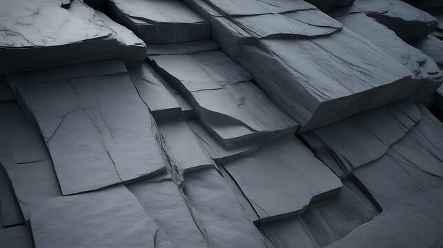 Angular grey stone blocks, geometric basalt column texture, rugged rock formation, architectural material surface