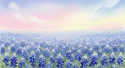 Naklejka premium Bluebonnet Field Under a Pastel Sky - A Serene Landscape Painting.