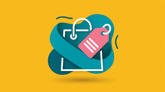 Vibrant shopping bag icon with a pink price tag on a dynamic teal and yellow abstract background, symbolizing online retail and sales.
