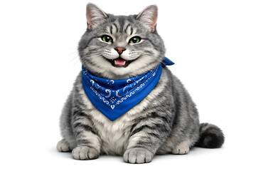 Obraz premium Chubby Grey Tabby Cat Wearing Blue Bandana Scarf Sitting And Smiling Isolated