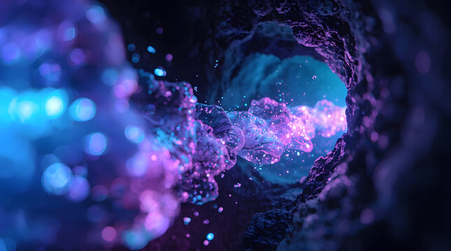 Glowing particles forming organic flow inside dark abstract cavern