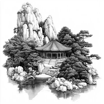 2D black and white illustration of the Mount Lushan Botanic Garden isolated on a white transparent background