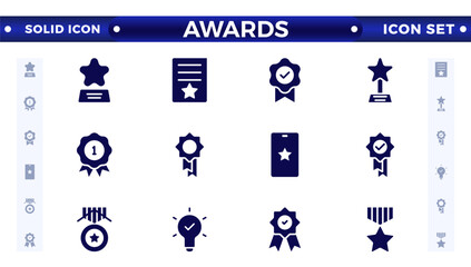Awards and Bonuses solid icons set. Vector illustration in modern solid style of icons, such as: Cups, Awards, Medals, Diplomas, Champion, Number One, Stars, Winner, Ribbon.