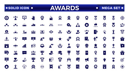 Awards and Bonuses solid icons set. Vector illustration in modern solid style of icons, such as: Cups, Awards, Medals, Diplomas, Champion, Number One, Stars, Winner, Ribbon.