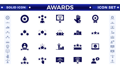 Awards and Bonuses solid icons set. Vector illustration in modern solid style of icons, such as: Cups, Awards, Medals, Diplomas, Champion, Number One, Stars, Winner, Ribbon.