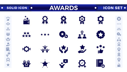 Awards and Bonuses solid icons set. Vector illustration in modern solid style of icons, such as: Cups, Awards, Medals, Diplomas, Champion, Number One, Stars, Winner, Ribbon.