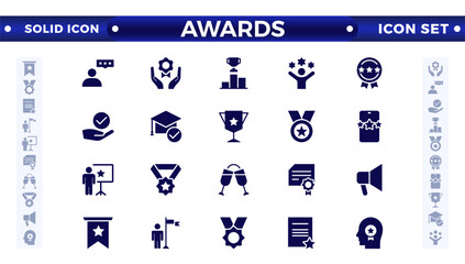 Awards and Bonuses solid icons set. Vector illustration in modern solid style of icons, such as: Cups, Awards, Medals, Diplomas, Champion, Number One, Stars, Winner, Ribbon.