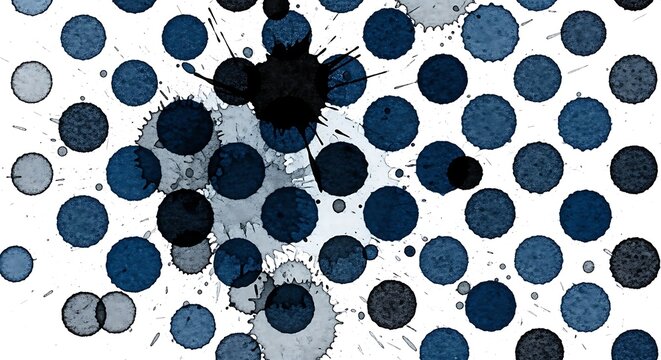 An intriguing pattern of blue and black ink dots, interspersed with splatters, creates an abstract and textured design on a bright white background.