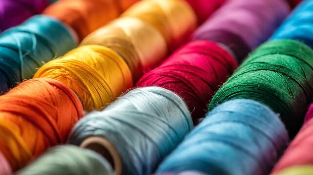Close-up shot of colorful sewing threads arranged in diagonal rows, creating a vibrant background.