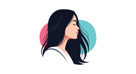Minimalist profile view of a woman with long dark hair blowing in the wind against soft pink and blue circular background shapes.