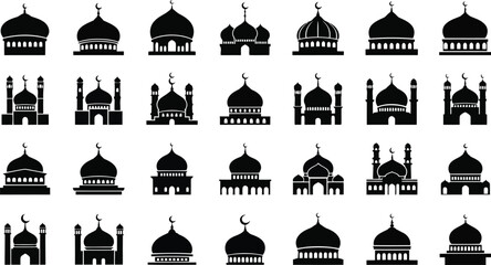 Collection of black islamic mosque icons domes and minarets on white