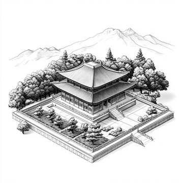 2D black and white illustration of the Chengde Mountain Resort isolated on a white transparent background