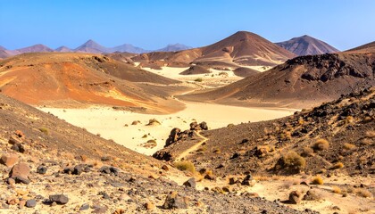 Arid landscape with sandy dunes and sparse vegetation under a blue sky, rocky terrain in foreground