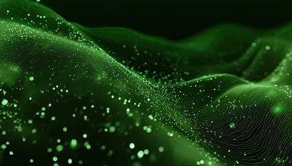 Abstract, undulating green waves with scattered glowing particles on a dark background