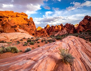 Arizona desert landscape featuring layered rock formations and scrub brush, beneath a cloudy, blue sunset sky