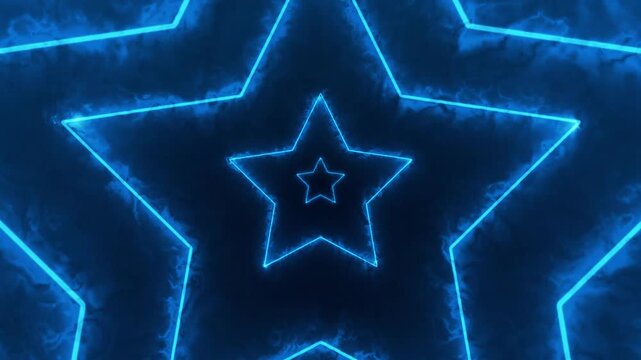 Neon blue glowing star shape growing and shrinking in dark background motion