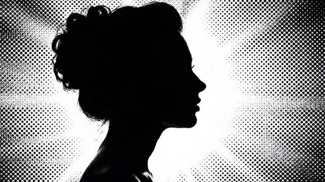 Abstract silhouette of a woman with an elegant updo against a vintage halftone dot background