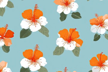 Floral pattern of orange and white hibiscus flowers with green leaves on a blue backdrop