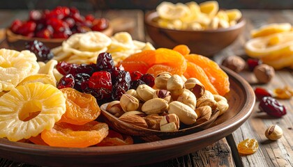 Array of dried fruits & nuts displayed on wooden bowls and plate atop weathered wood surface, warm tones