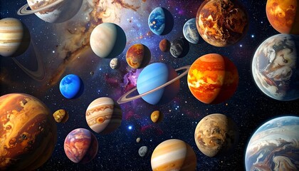 Array of diverse planets, various colors, sizes, with nebulae background, vibrant, digital art