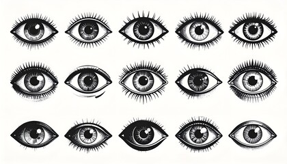 Array of fifteen intricately detailed stylized eye illustrations arranged in three rows against a stark white background