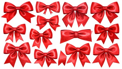 Array of fifteen shiny, red satin bows of varied sizes and styles against a plain white background