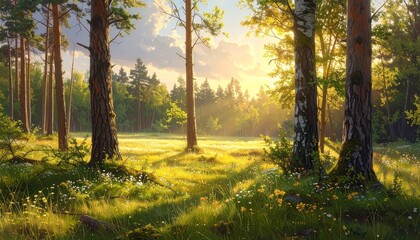 Obraz premium Sunrise in misty pine forest with golden sunlight and wildflowers in summer meadow