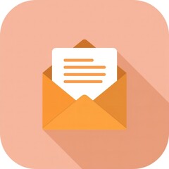 A graphic illustration of an open orange envelope with a white letter inside on a peach background