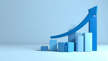 Ascending blue 3D graph bars with an arrow indicate upward growth on a light blue background, side view