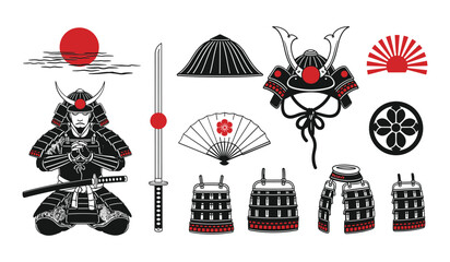 Japanese Samurai Warrior Armor Helmet Sword Fan Sun Symbols Collection vector illustration