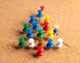 Assorted color push pins arranged on a corkboard, forming an abstract triangular shape viewed from above