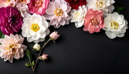 Assorted dahlias create a colorful floral border against a dark backdrop. The flowers range in shades of pink, white and red
