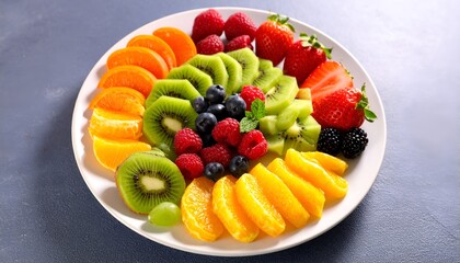 Assorted fresh fruit arranged on a white plate against a mottled blue background, brightly lit, evoking health and freshness