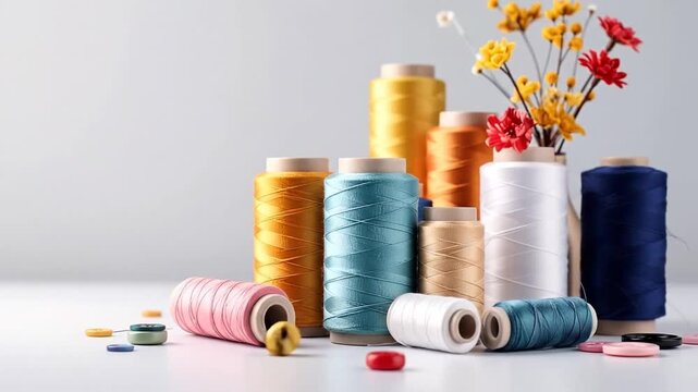 Colorful spools of thread and buttons arranged on a white surface, with a soft background.