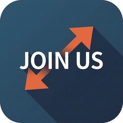 A modern graphic design with a blue background and orange arrows pointing upwards, inviting viewers to join a community or organization.